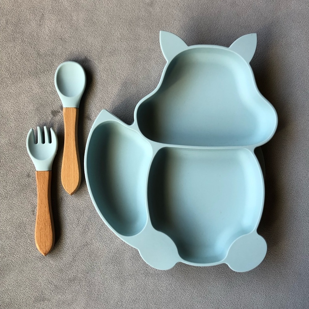 Fox Feeding Set ~ Silicone w/ Suction Dish, Fork, Spoon ~ Light Blue ~ Brand New